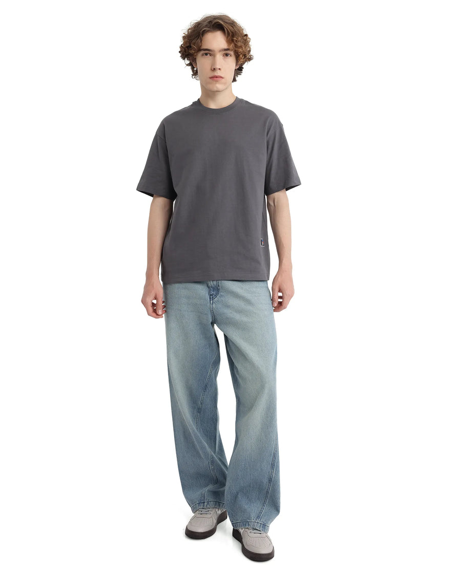 Rare Rabbit Men's Belet Dark Grey Cotton Hd Print Oversized Fit Half Sleeve Crew Neck T-Shirt