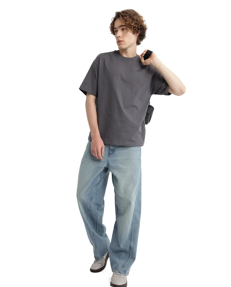 Rare Rabbit Men's Belet Dark Grey Cotton Hd Print Oversized Fit Half Sleeve Crew Neck T-Shirt