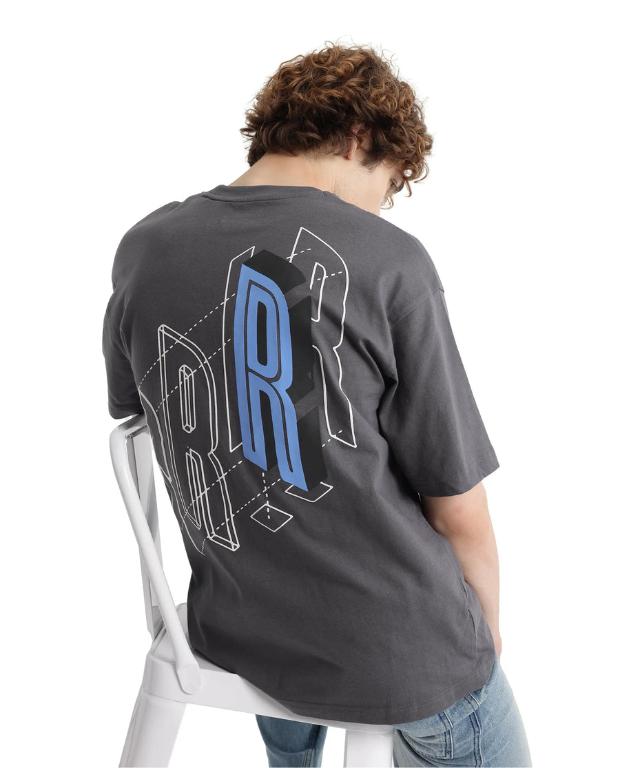 Rare Rabbit Men's Belet Dark Grey Cotton Hd Print Oversized Fit Half Sleeve Crew Neck T-Shirt
