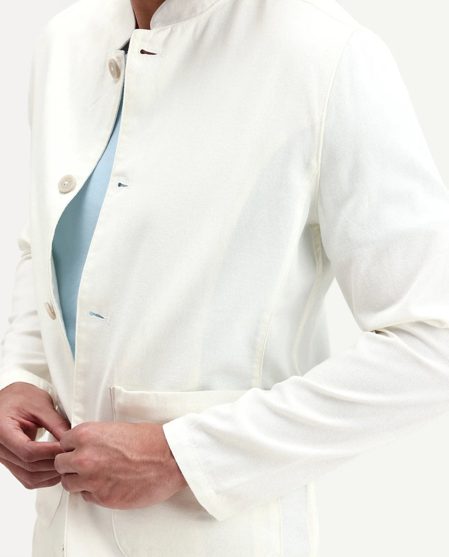 Rare Rabbit Men's Bela Off White Linen Blend Fabric Mandarin Collar Neck Tailored Fit Coat