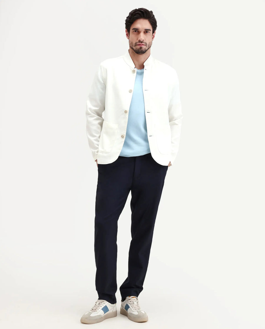 Rare Rabbit Men's Bela Off White Linen Blend Fabric Mandarin Collar Neck Tailored Fit Coat