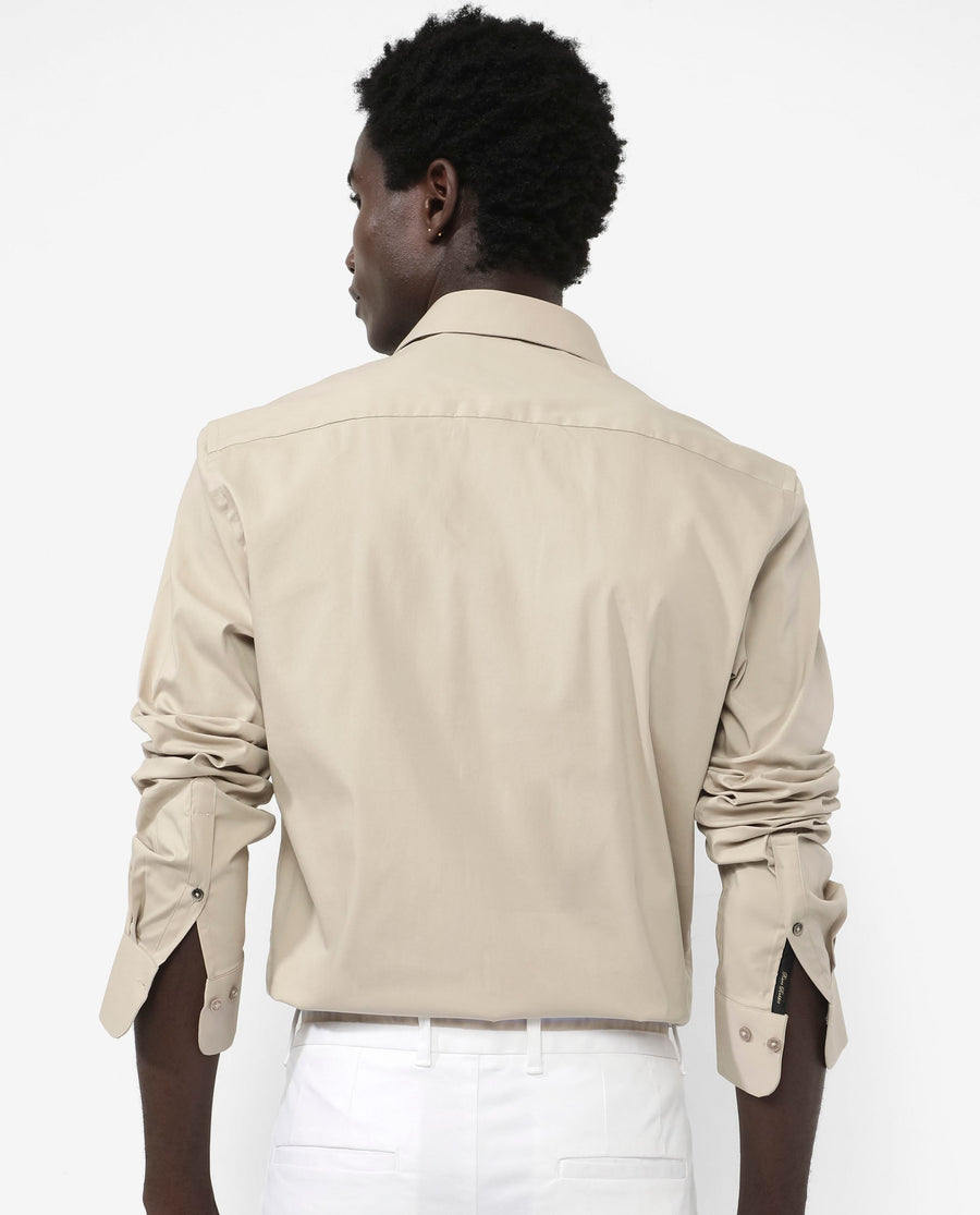 Rare Rabbit Men's Benedict Beige Cotton Plain Regular Fit Full Sleeve Collared Shirt