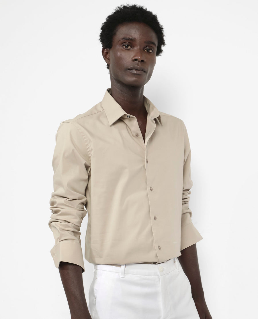Rare Rabbit Men's Benedict Beige Cotton Plain Regular Fit Full Sleeve Collared Shirt