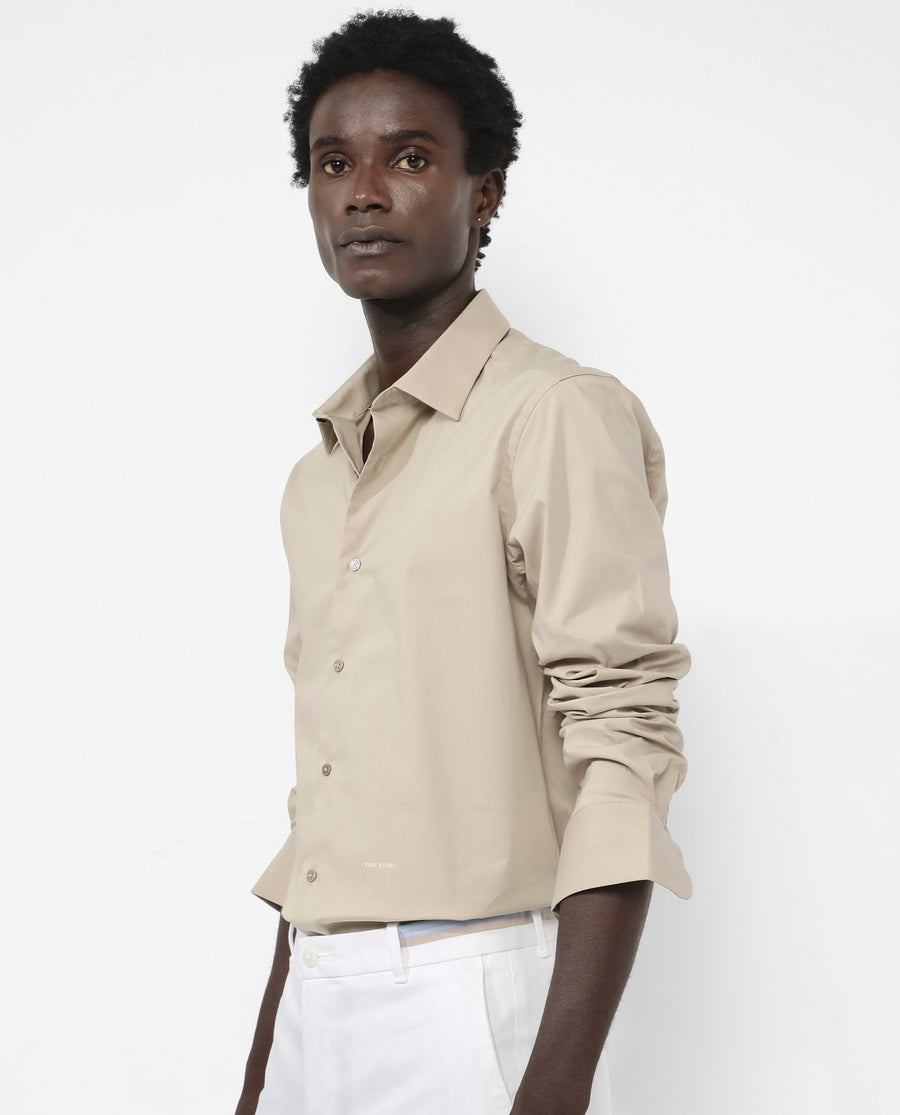 Rare Rabbit Men's Benedict Beige Cotton Plain Regular Fit Full Sleeve Collared Shirt
