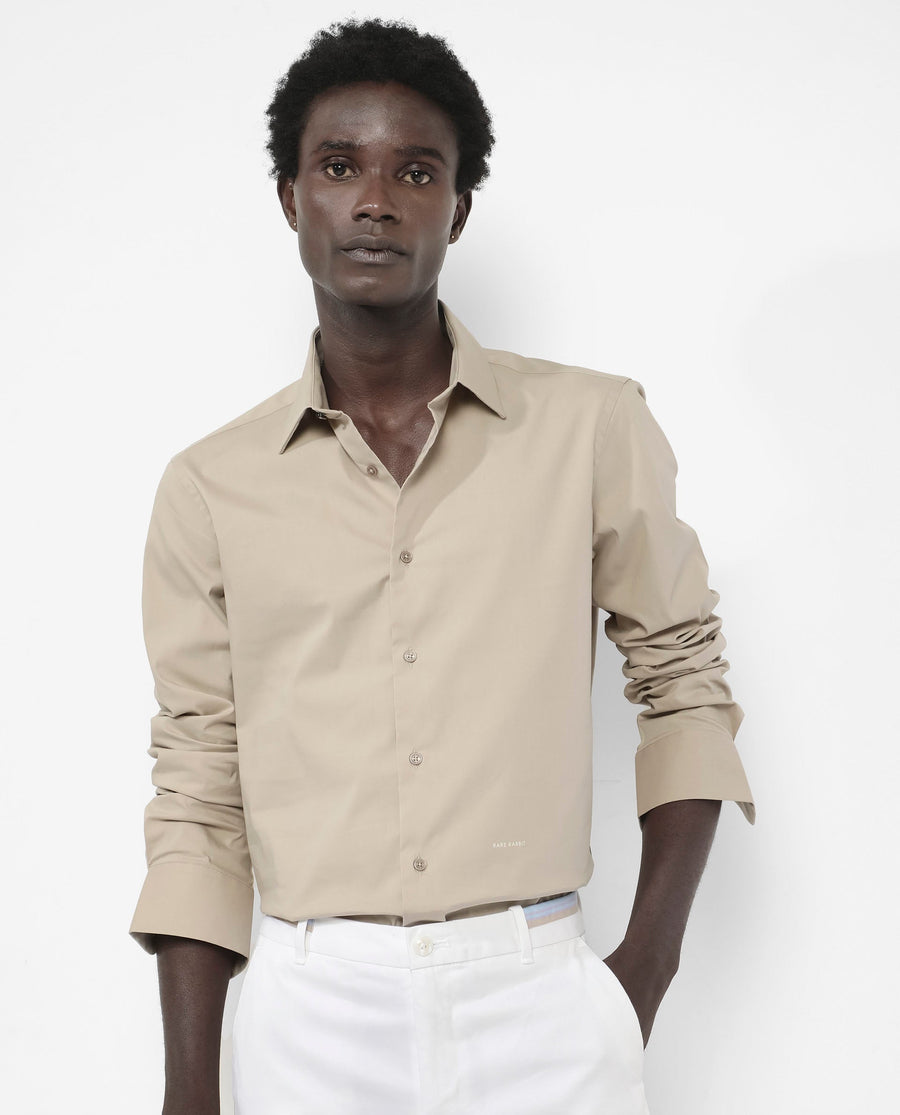 Rare Rabbit Men's Benedict Beige Cotton Plain Regular Fit Full Sleeve Collared Shirt