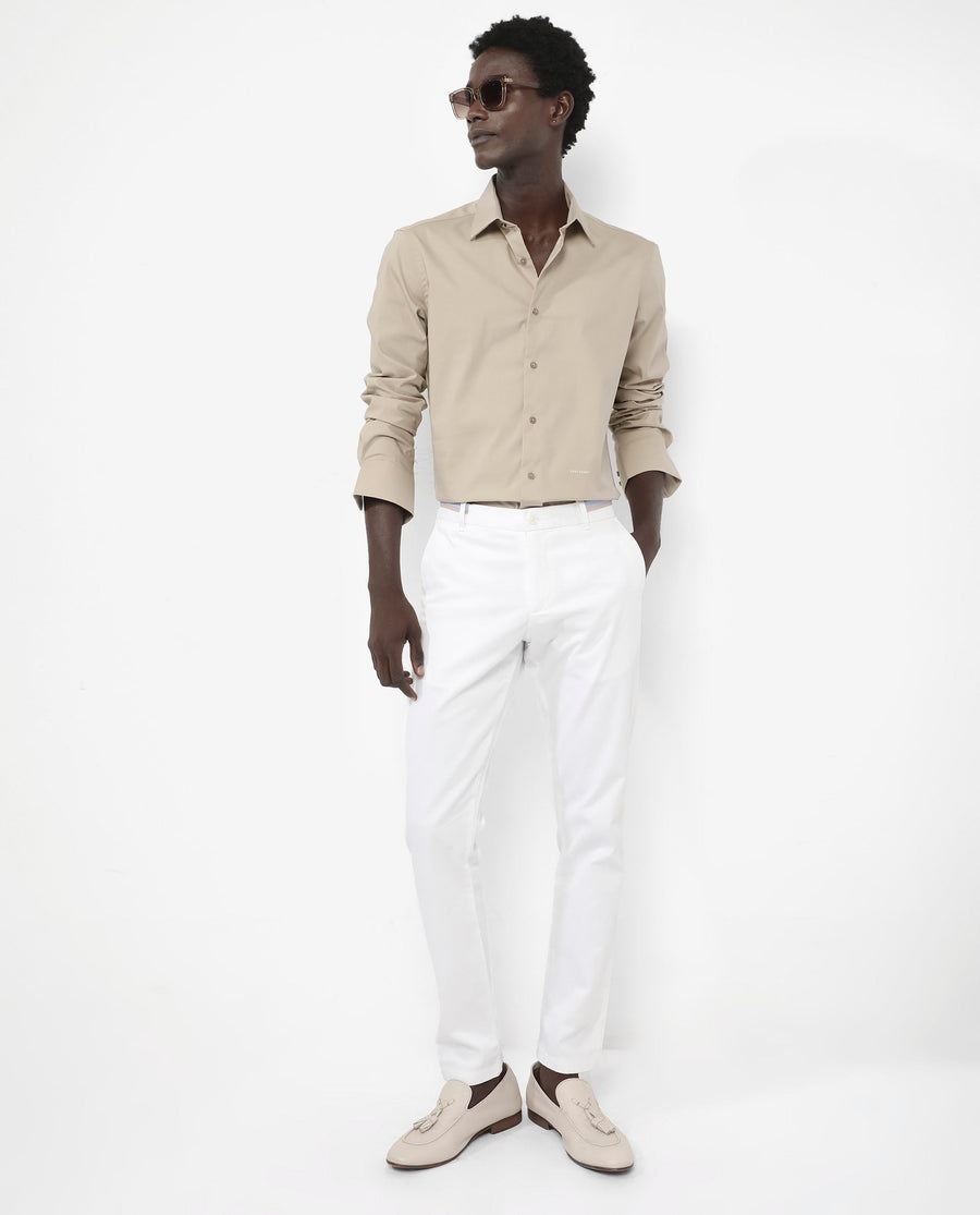 Rare Rabbit Men's Benedict Beige Cotton Plain Regular Fit Full Sleeve Collared Shirt