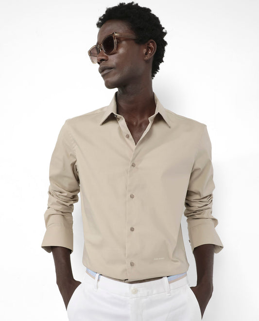 Rare Rabbit Men's Benedict Beige Cotton Plain Regular Fit Full Sleeve Collared Shirt