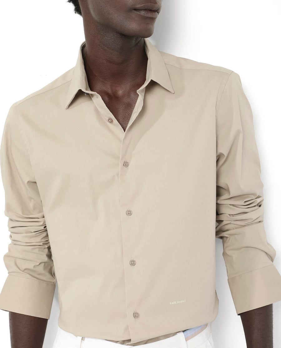Rare Rabbit Men's Benedict Beige Cotton Plain Regular Fit Full Sleeve Collared Shirt
