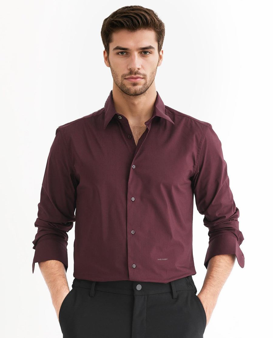 Rare Rabbit Men's Benedict Maroon Cotton Plain Regular Fit Full Sleeve Collared Shirt