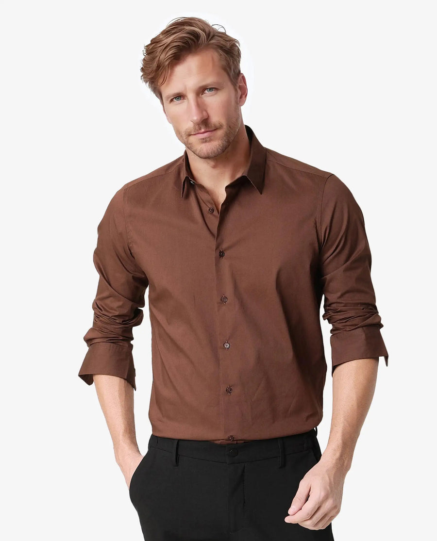 Rare Rabbit Men's Benedict Brown Cotton Plain Regular Fit Full Sleeve Collared Shirt