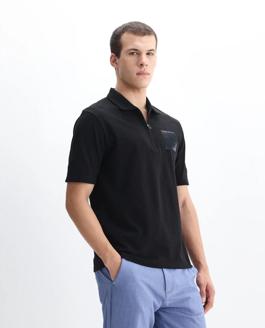 Rare Rabbit Men's Berner Black Cotton Blend Graphic Print Regular Fit Half Sleeve Polo