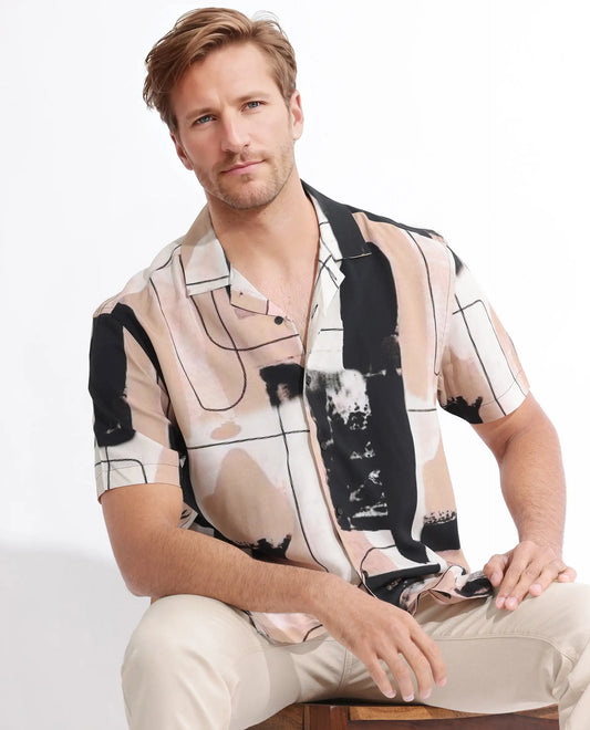 Rare Rabbit Men's Bexley Beige Viscose Abstract Print Regular Fit Half Sleeve Cuban Collar Shirt