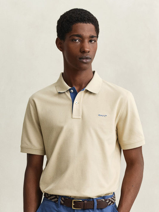 Gant Men Beige Solid Regular Fit Pique Polo T-Shirt