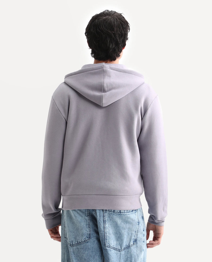 Rare Rabbit Men's Bien Dusky Purple Cotton Blend Fabric Full Sleeves Hooded Zipper Closure Label Print Sweatshirt