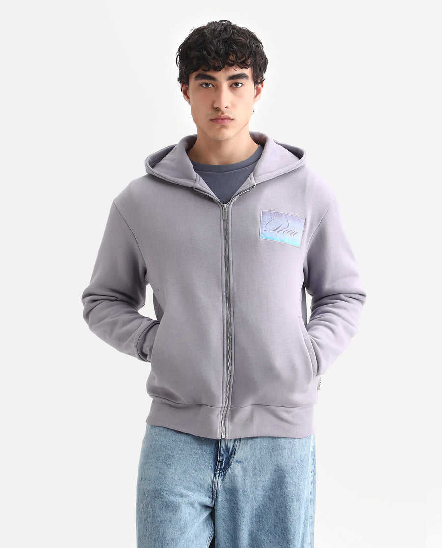 Rare Rabbit Men's Bien Dusky Purple Cotton Blend Fabric Full Sleeves Hooded Zipper Closure Label Print Sweatshirt