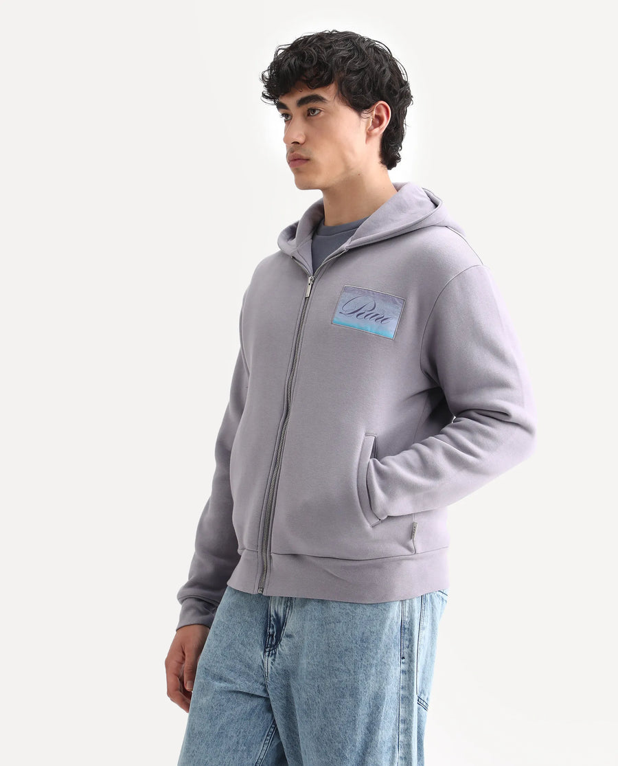Rare Rabbit Men's Bien Dusky Purple Cotton Blend Fabric Full Sleeves Hooded Zipper Closure Label Print Sweatshirt