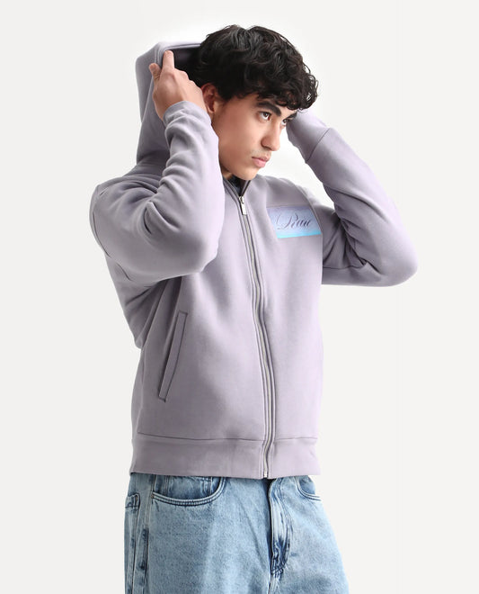 Rare Rabbit Men's Bien Dusky Purple Cotton Blend Fabric Full Sleeves Hooded Zipper Closure Label Print Sweatshirt