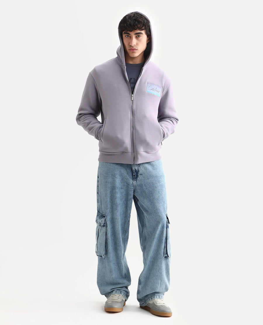 Rare Rabbit Men's Bien Dusky Purple Cotton Blend Fabric Full Sleeves Hooded Zipper Closure Label Print Sweatshirt