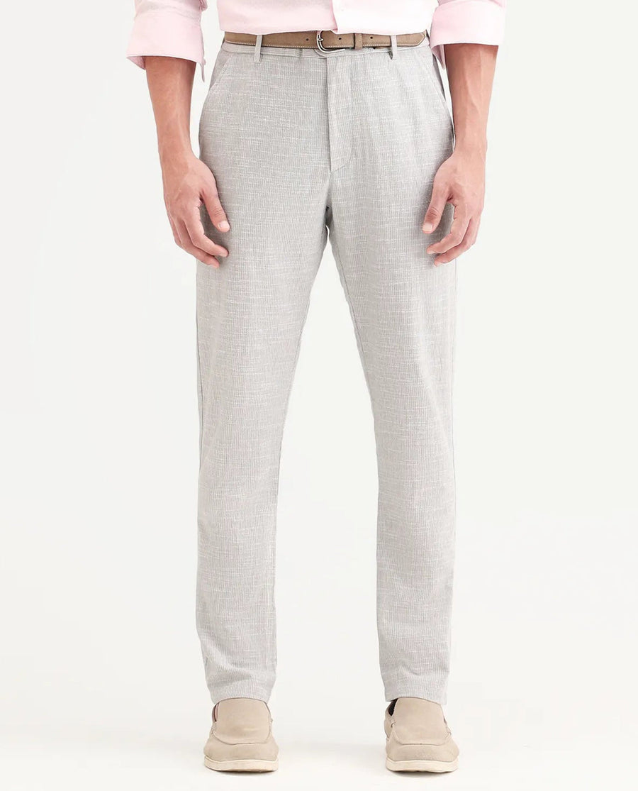 Rare Rabbit Men's Bira Grey Linen Blend Fabric Regular Fit Striped Trouser