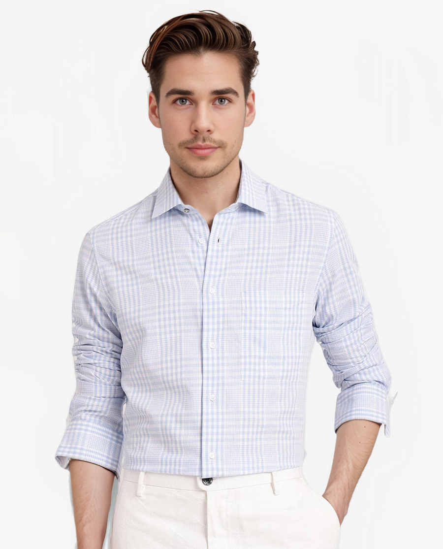 Rare Rabbit Men's Bisk Light Blue Cotton Checked Print Regular Fit Full Sleeve Collared Shirt