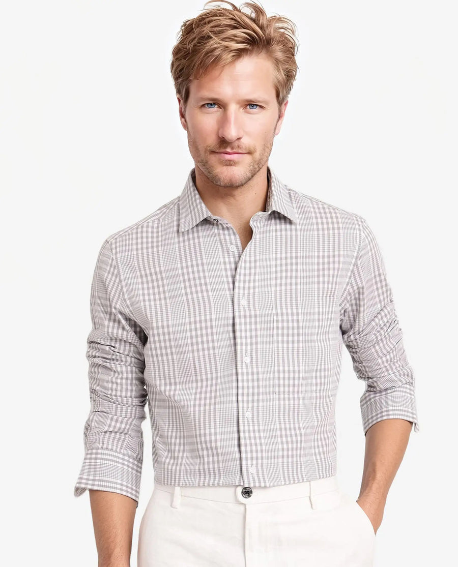 Rare Rabbit Men's Bisk Grey Cotton Checked Print Regular Fit Full Sleeve Collared Shirt