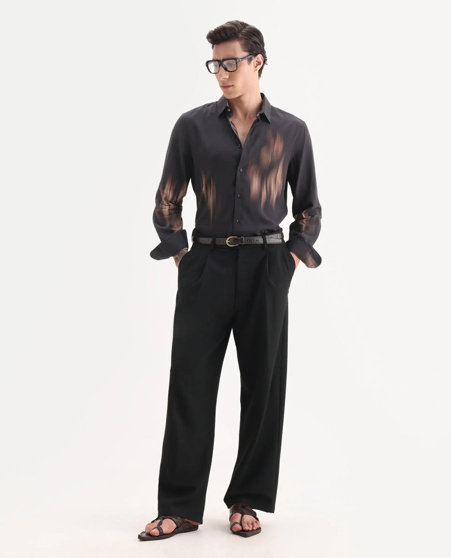 Rare Rabbit Men's Blade Black Viscose Fabric Full Sleeve Collared Neck Abstract Print Shirt