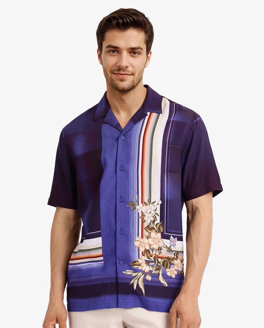 Rare Rabbit Men's Blib Blue Viscose Floral Print Boxy Fit Half Sleeve Cuban Collar Shirt