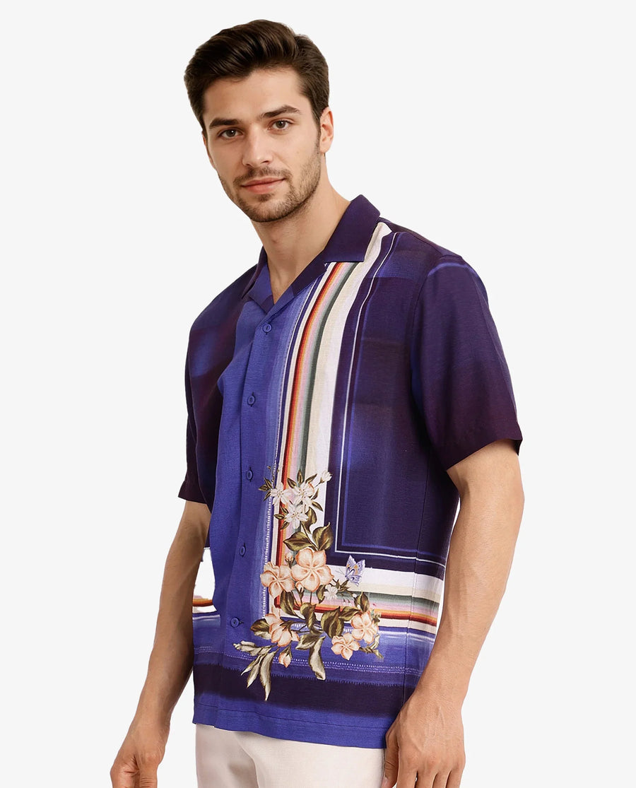 Rare Rabbit Men's Blib Blue Viscose Floral Print Boxy Fit Half Sleeve Cuban Collar Shirt