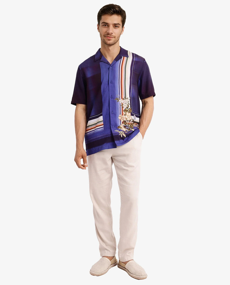 Rare Rabbit Men's Blib Blue Viscose Floral Print Boxy Fit Half Sleeve Cuban Collar Shirt