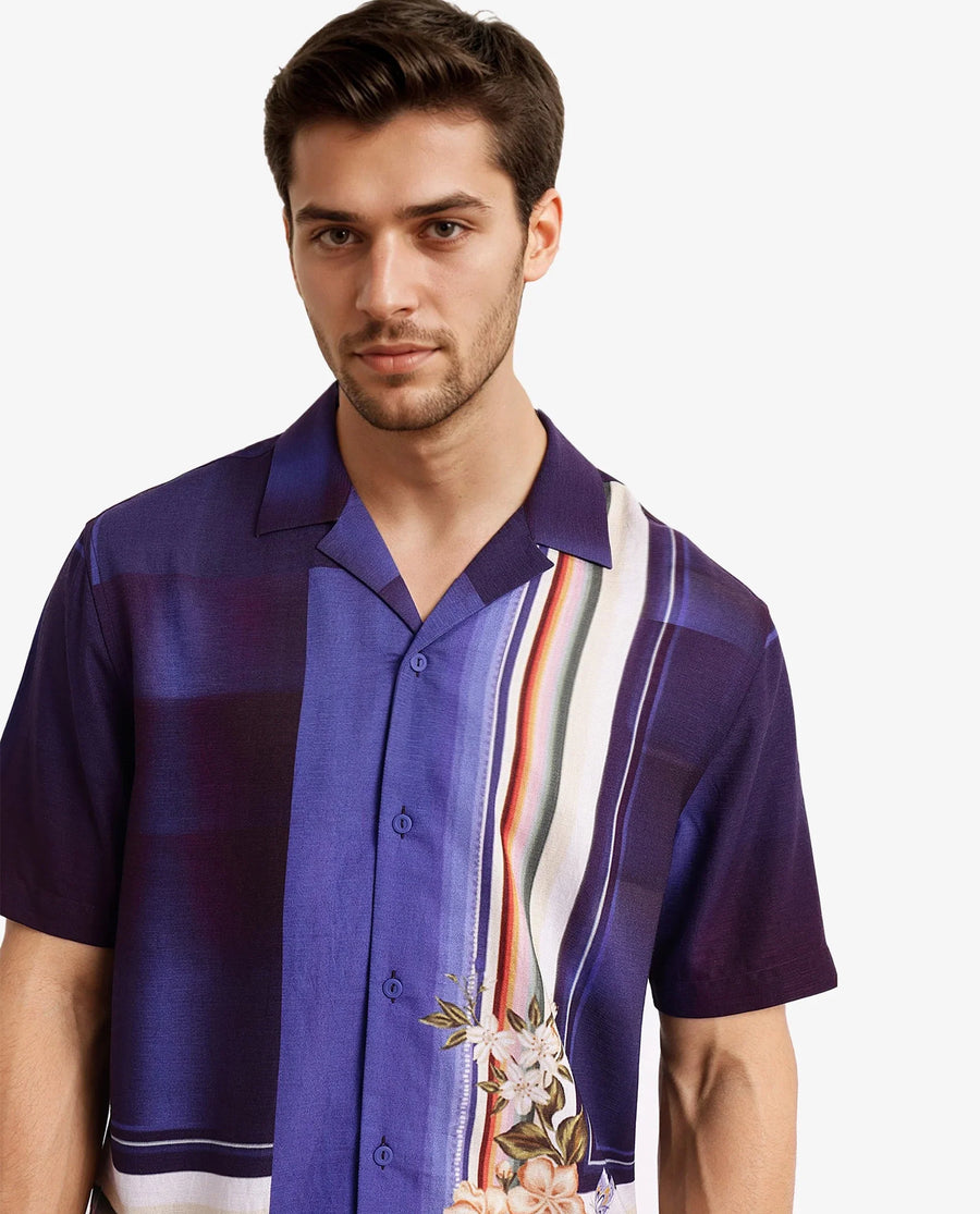 Rare Rabbit Men's Blib Blue Viscose Floral Print Boxy Fit Half Sleeve Cuban Collar Shirt