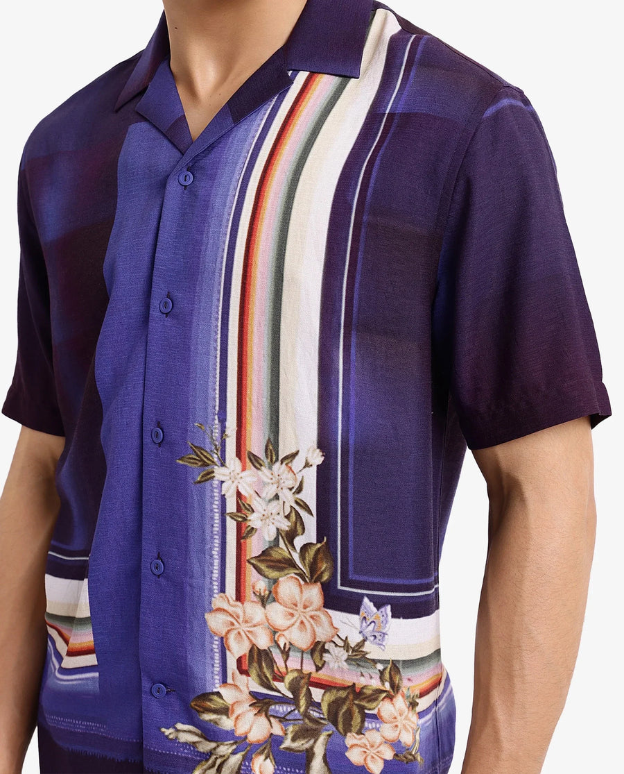 Rare Rabbit Men's Blib Blue Viscose Floral Print Boxy Fit Half Sleeve Cuban Collar Shirt