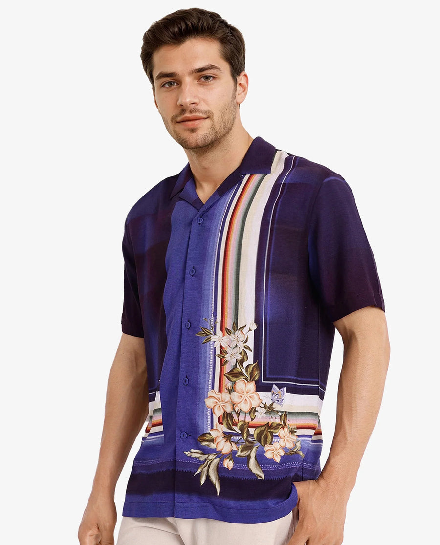 Rare Rabbit Men's Blib Blue Viscose Floral Print Boxy Fit Half Sleeve Cuban Collar Shirt