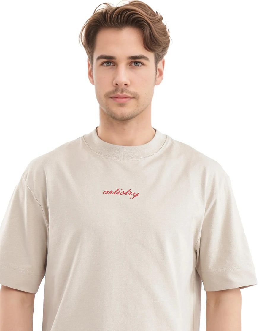 Rare Rabbit Men's Bonz-2 Beige Cotton Graphic Print Oversized Fit Half Sleeve Crew Neck T-Shirt