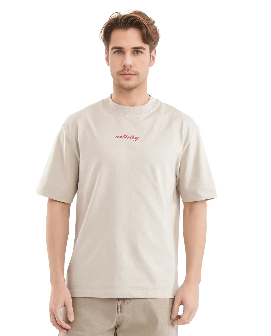 Rare Rabbit Men's Bonz-2 Beige Cotton Graphic Print Oversized Fit Half Sleeve Crew Neck T-Shirt