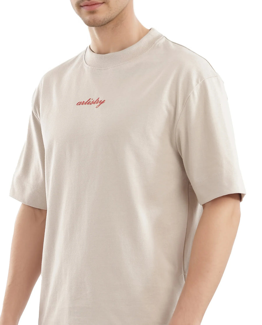 Rare Rabbit Men's Bonz-2 Beige Cotton Graphic Print Oversized Fit Half Sleeve Crew Neck T-Shirt