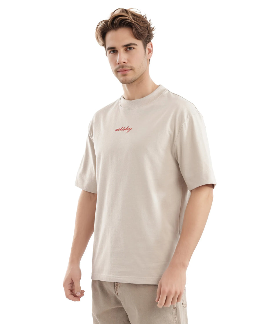 Rare Rabbit Men's Bonz-2 Beige Cotton Graphic Print Oversized Fit Half Sleeve Crew Neck T-Shirt