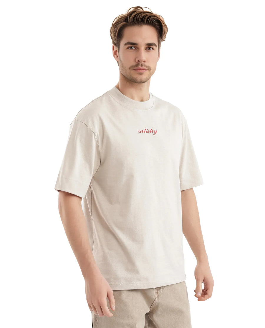 Rare Rabbit Men's Bonz-2 Beige Cotton Graphic Print Oversized Fit Half Sleeve Crew Neck T-Shirt