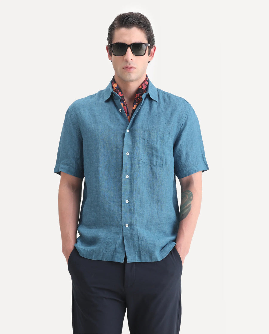 Rare Rabbit Men's Borium Ss-25 Dark Blue Linen Plain Regular Fit Half Sleeve Collared Shirt