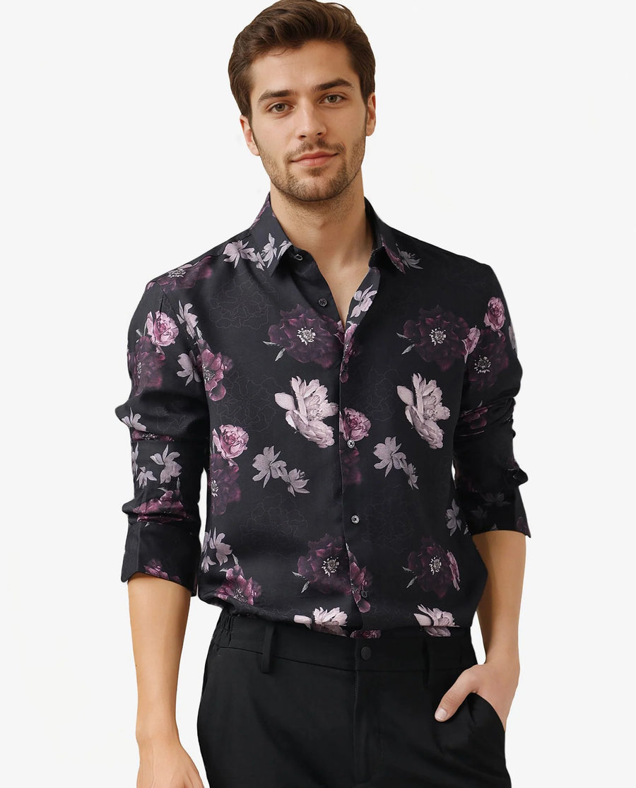 Rare Rabbit Men's Boro Purple Viscose Floral Print Regular Fit Full Sleeve Collared Shirt