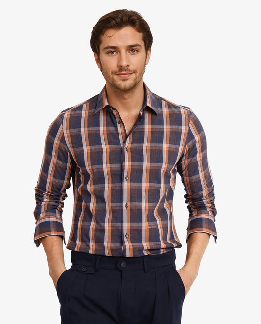 Rare Rabbit Men's Bou Navy Cotton Blend Checked Print Regular Fit Full Sleeve Collared Shirt