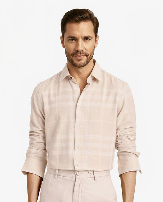 Rare Rabbit Men's Boxlo Beige Cotton Checked Print Regular Fit Full Sleeve Collared Shirt