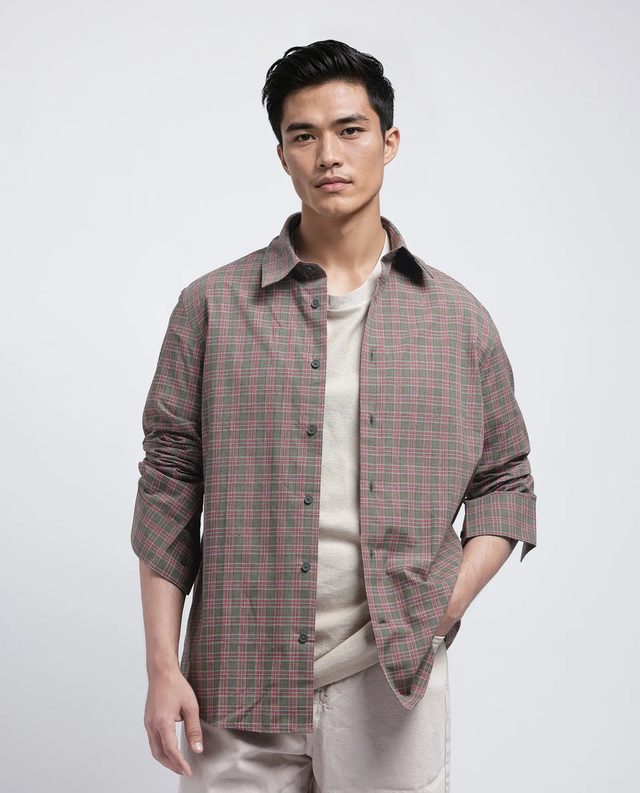 Rare Rabbit Men's Boxy Dark Olive Cotton Checked Print Regular Fit Full Sleeve Collared Shirt