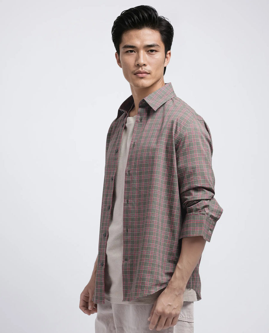 Rare Rabbit Men's Boxy Dark Olive Cotton Checked Print Regular Fit Full Sleeve Collared Shirt