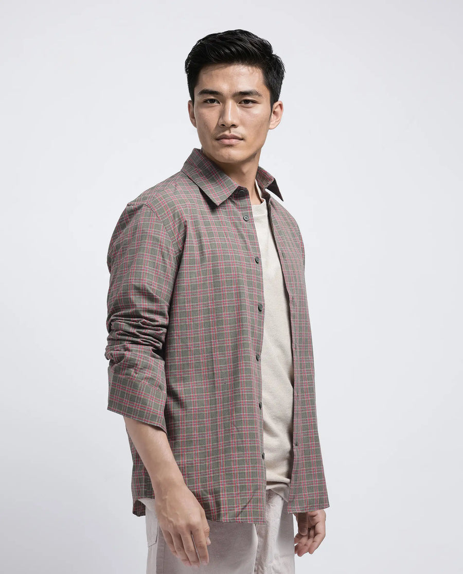Rare Rabbit Men's Boxy Dark Olive Cotton Checked Print Regular Fit Full Sleeve Collared Shirt