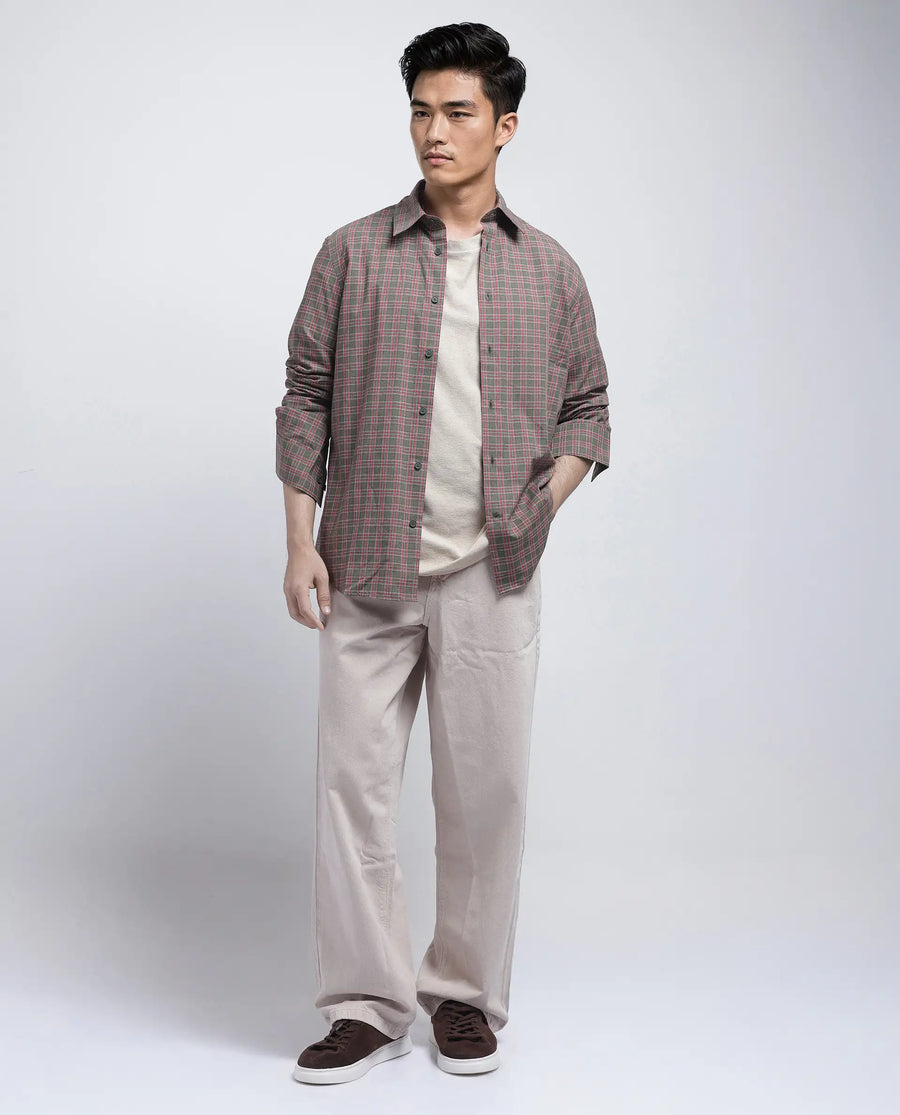 Rare Rabbit Men's Boxy Dark Olive Cotton Checked Print Regular Fit Full Sleeve Collared Shirt