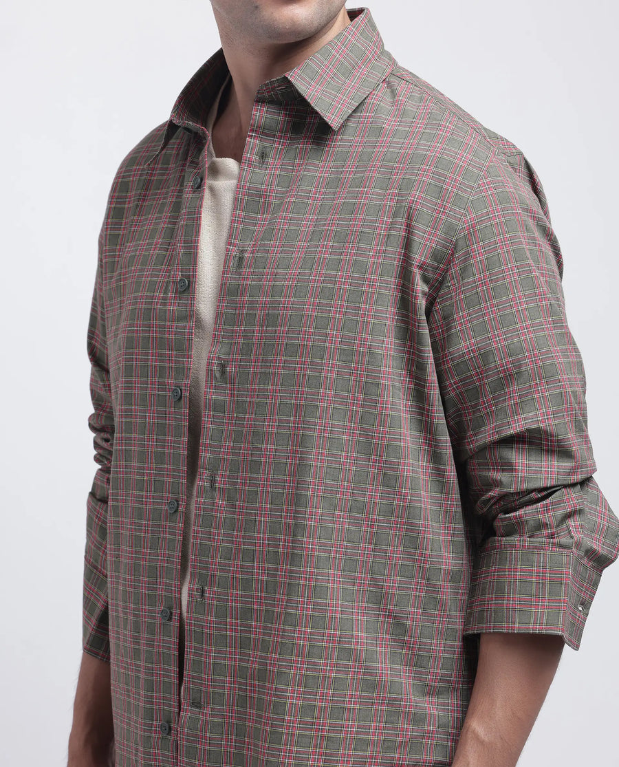 Rare Rabbit Men's Boxy Dark Olive Cotton Checked Print Regular Fit Full Sleeve Collared Shirt