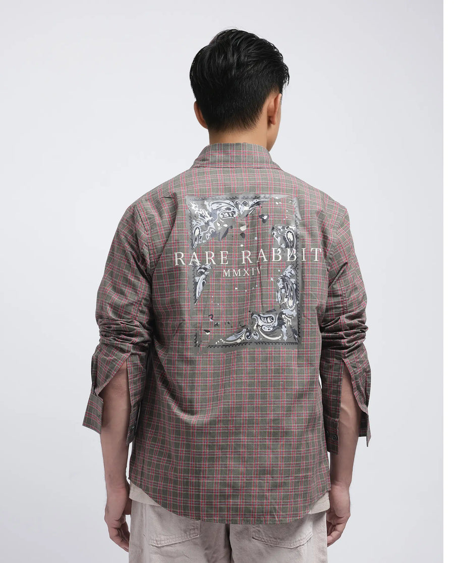 Rare Rabbit Men's Boxy Dark Olive Cotton Checked Print Regular Fit Full Sleeve Collared Shirt
