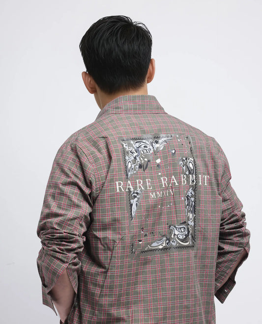 Rare Rabbit Men's Boxy Dark Olive Cotton Checked Print Regular Fit Full Sleeve Collared Shirt