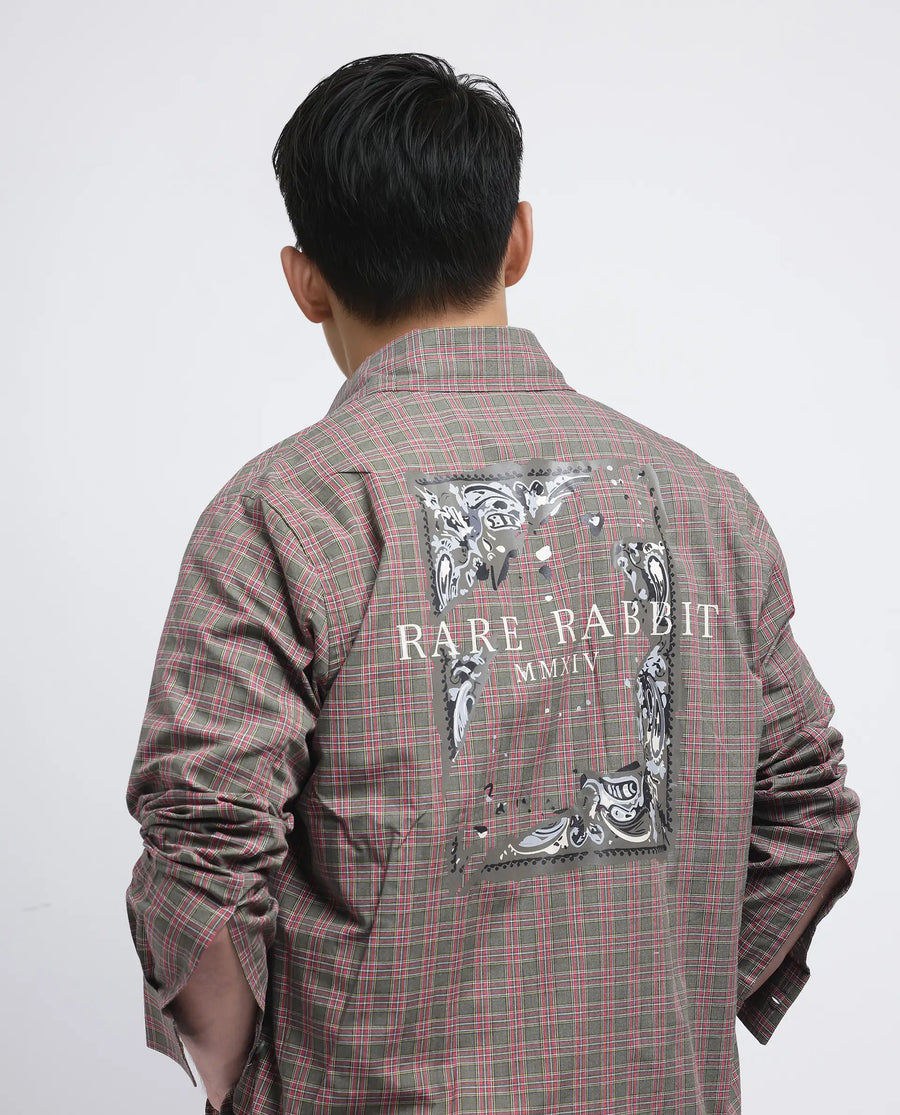 Rare Rabbit Men's Boxy Dark Olive Cotton Checked Print Regular Fit Full Sleeve Collared Shirt
