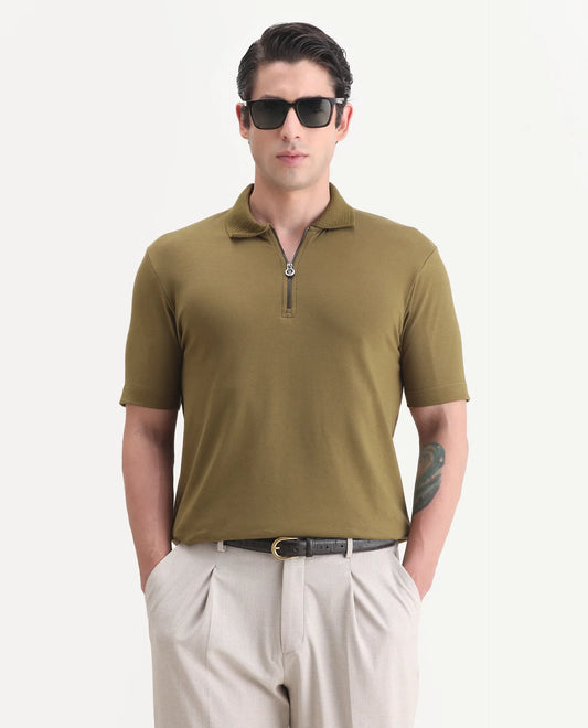 Rare Rabbit Men's Braido Dusky Olive Cotton Blend Fabric Half Sleeve Spread Collar Plain Polo